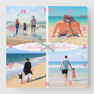 Horloge Carrée Votre texte de collage de 4 photos personnalisé av