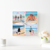 Horloge Carrée Votre texte de collage de 4 photos personnalisé av (Maison)