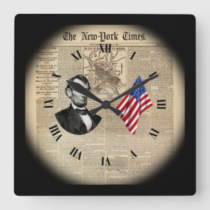 Horloge Carrée Voyage dans le temps~Abe Lincoln~American Flag~NY 