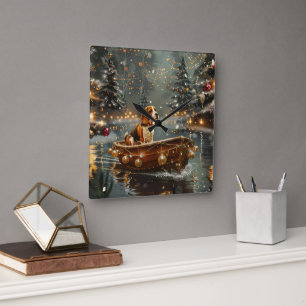 Horloge Carrée Voyage festif de Noël beagle