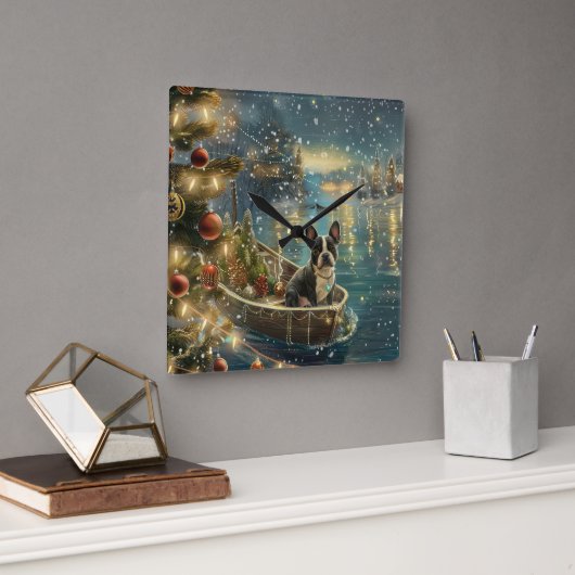 Horloge Carrée Voyage festif de Noël de Boston Terrier (Bureau)