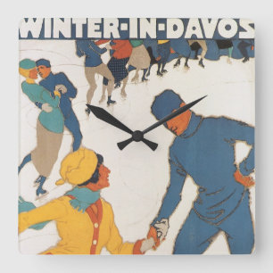 Horloge Carrée Voyage Vintage, Art Déco, Davos Suisse Hiver