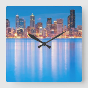 Horloge Carrée Vue bleue d'heure de Seattle du centre