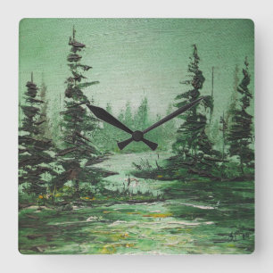 Horloge Carrée Wall Clock Ann Hayes Painting Green Forest