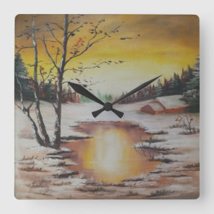 Horloge Carrée Wall Clock Ann Hayes Painting Winter Scene