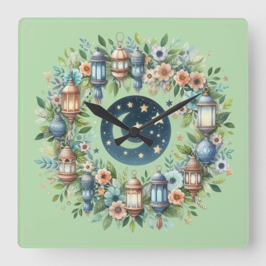 Horloge Carrée Wall Clock-Eid Mubarak Wreath Wall Clock (Recto)