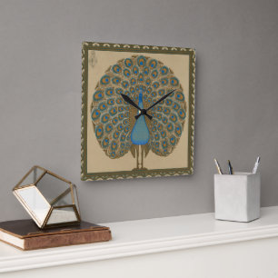 Horloge Carrée Walter Crane Blue Peacock avec sa queue écartée