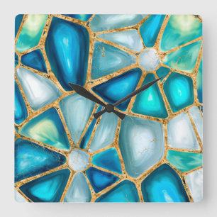 Horloge Carrée Watercolor and gold cells - ocean
