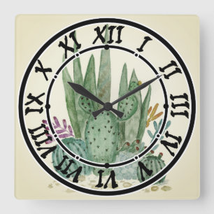 Horloge Carrée Watercolor , cactus , succulents