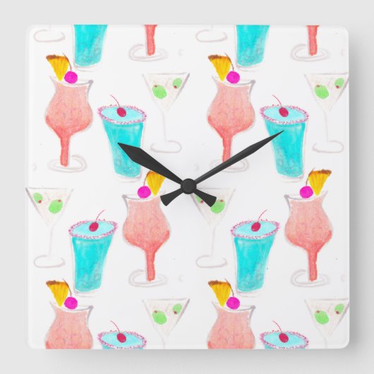 Horloge Carrée Watercolor Cocktails Drink Pattern Bartender (Recto)
