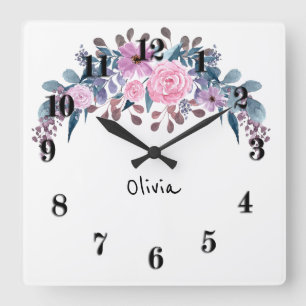 Horloge Carrée Watercolor flower floral werath retro vintage pink