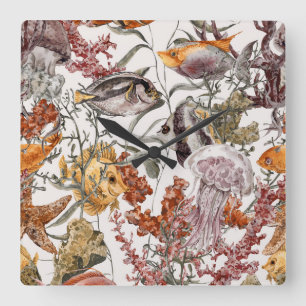 Horloge Carrée Watercolor Sea Life