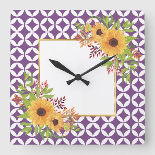 Horloge Carrée Watercolor sunflowers, purple geometric pattern (Recto)