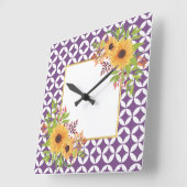 Horloge Carrée Watercolor sunflowers, purple geometric pattern (Angle)
