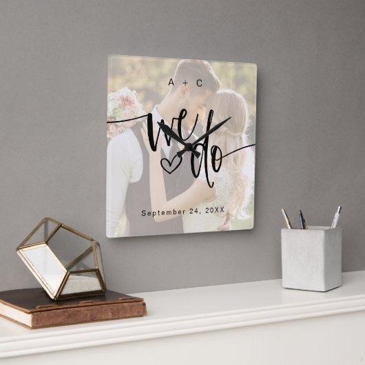 Horloge Carrée We Do Script Photo Wedding Anniversary (Bureau)