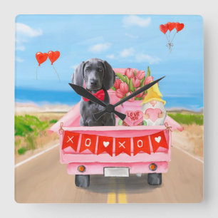 Horloge Carrée Weimaraner Chien Valentine's Day Coeurs de camion