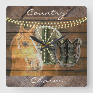 Horloge Carrée Western Horse Horseshoe Wagon Wheel Cowboy Boots
