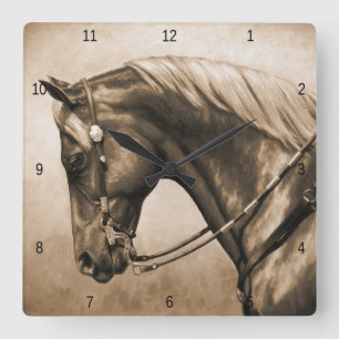 Horloge Carrée Western Ranch Horse Vieux Photo Sepia