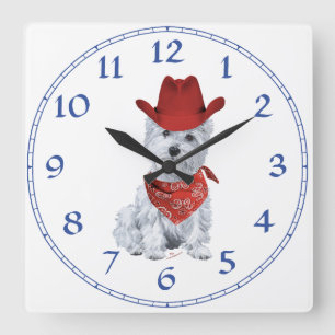 Horloge Carrée Westie Cowboy en Rouge