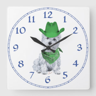 Horloge Carrée Westie Cowboy en Vert