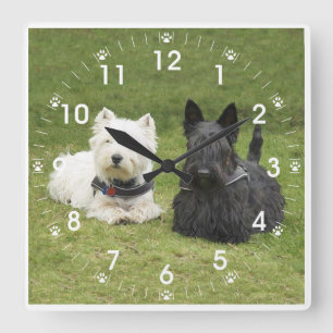 Horloge Carrée Westie & Scottie Herbe Verte