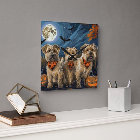 Horloge Carrée Wheaten Terrier Halloween Éffrayant (Bureau)