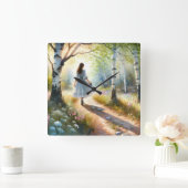 Horloge Carrée Whimsical Girl Dancing Through Birch Forest (Maison)
