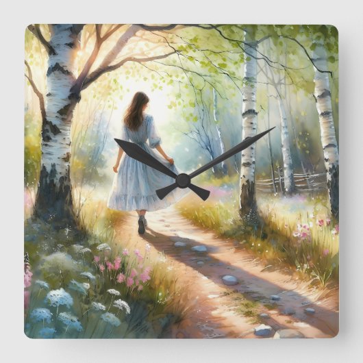 Horloge Carrée Whimsical Girl Dancing Through Birch Forest (Recto)