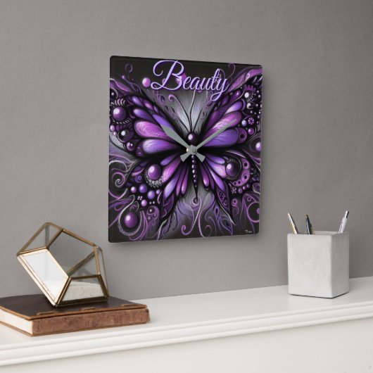 Horloge Carrée Whimsical Gothic Butterfly Purple Personalized (Bureau)