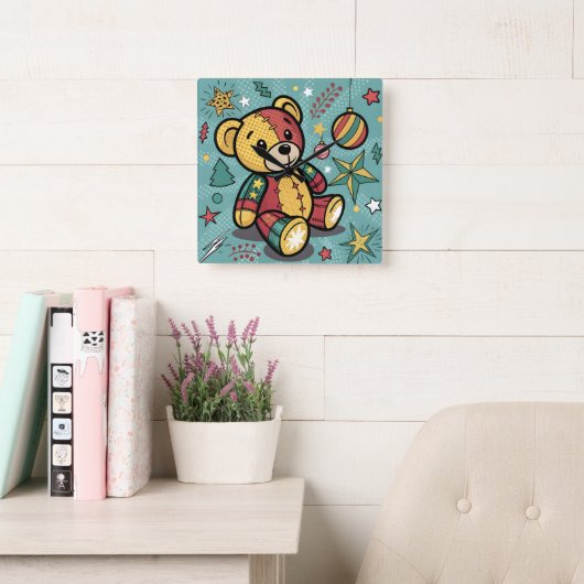 Horloge Carrée Whimsical Patchwork Christmas Teddy Bear (Salle de lecture)
