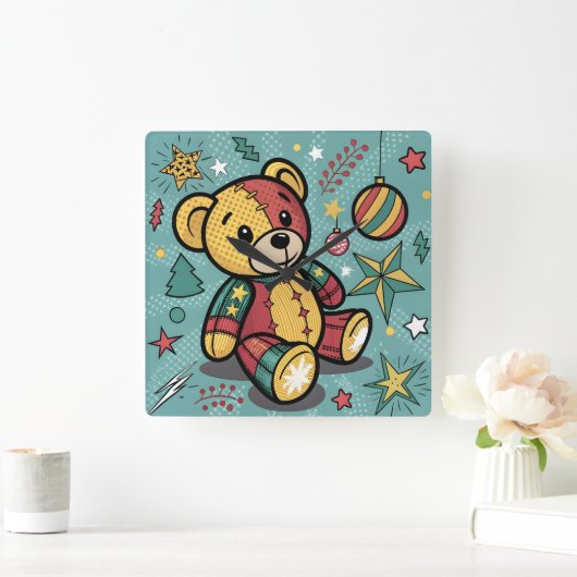 Horloge Carrée Whimsical Patchwork Christmas Teddy Bear (Maison)