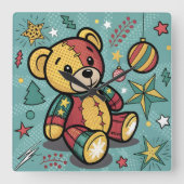 Horloge Carrée Whimsical Patchwork Christmas Teddy Bear (Recto)