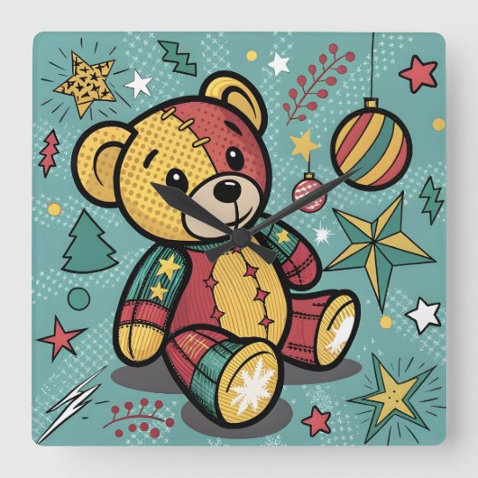 Horloge Carrée Whimsical Patchwork Christmas Teddy Bear (Recto)