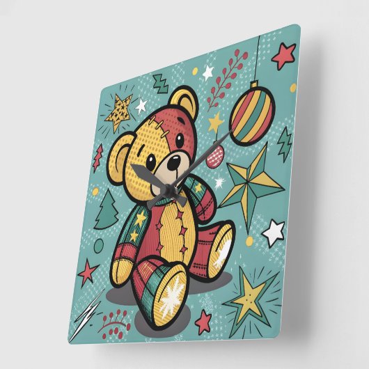 Horloge Carrée Whimsical Patchwork Christmas Teddy Bear (Angle)