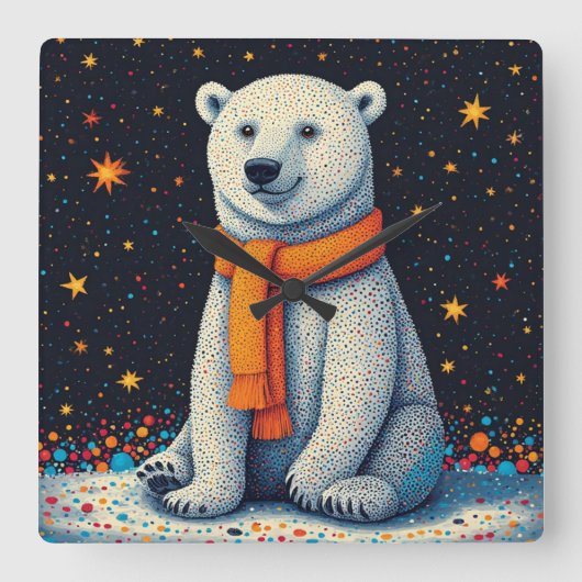 Horloge Carrée Whimsical Polar Bear In Orange Scarf (Recto)