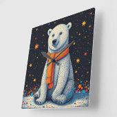 Horloge Carrée Whimsical Polar Bear In Orange Scarf (Angle)