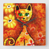 Horloge Carrée Whimsical Retro Kitty Chat Abstrait Art Orange (Recto)