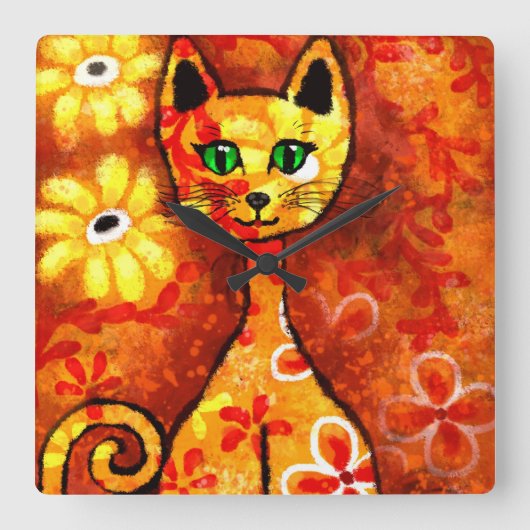 Horloge Carrée Whimsical Retro Kitty Chat Abstrait Art Orange (Recto)