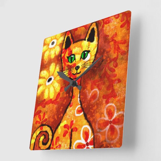 Horloge Carrée Whimsical Retro Kitty Chat Abstrait Art Orange (Angle)