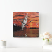 Horloge Carrée White Egret & Sunset Wildlife Nature Scène (Maison)