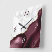 Horloge Carrée White Marble Burgundy Agate Gold Glitter (Angle)