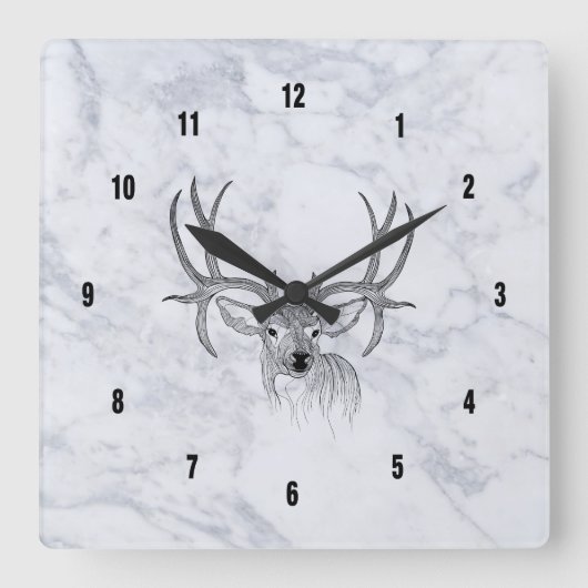 Horloge Carrée White Marble Texture & Black Deer (Recto)