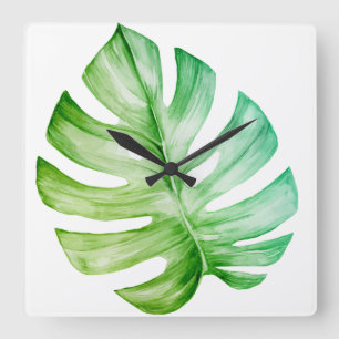 Horloge Carrée White Monstera Leaf Botanical Tropical