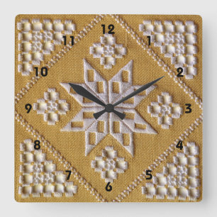 Horloge Carrée White PRINTED cutwork embroidery 2 on linen custom