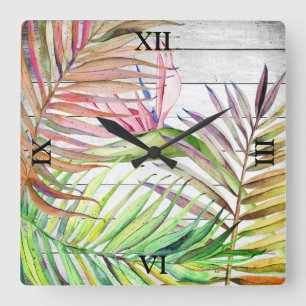 Horloge Carrée White Wood Tropical Garden Bird of Paradise Palm