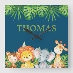 Horloge Carrée Wild Jungle Animaux Safari Garçon Enfants Nursery 