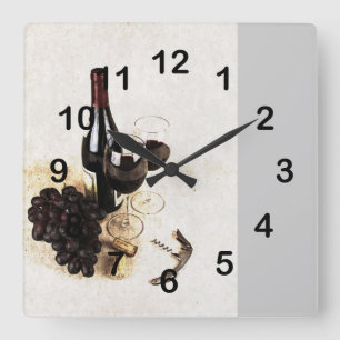 Horloge Carrée Wine bottle and wine glasses with grapes and corks