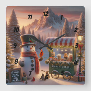 Horloge Carrée Winter Wonderland Snowman's Hot Chocolate Cart