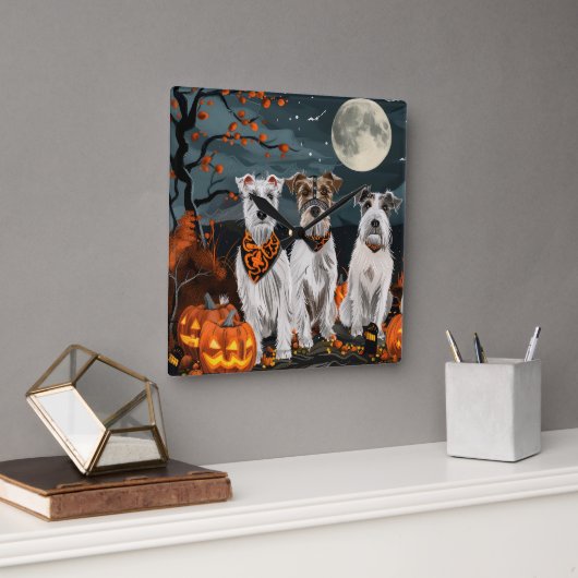 Horloge Carrée Wirefox Terrier Halloween Éffrayant (Bureau)