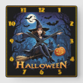 Horloge Carrée Witch survole la ville hantée d'Halloween (Recto)